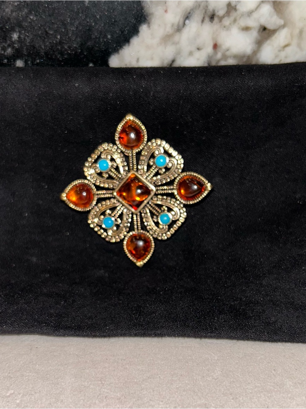 Barse Brooch / Pendant with Amber & Turquoise Accents
